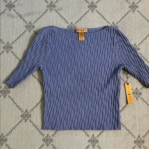 Essendi Blue Silk Ribbed Knit Cropped Short Sleeve Sweater